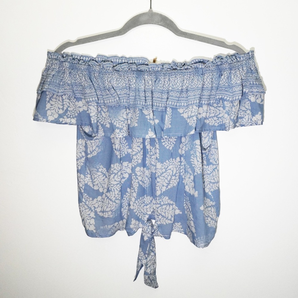 NWT Blue Milkmaid Cottage Cropped Blouse Off Shoulder Prairie Ruffle Sleeve M - Picture 2 of 8
